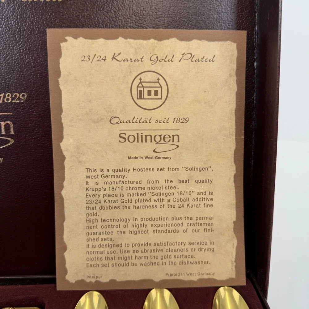 Solingen 23/24K Gold Plated Hostess Flatware Set 28pc Rose Pattern West Germany